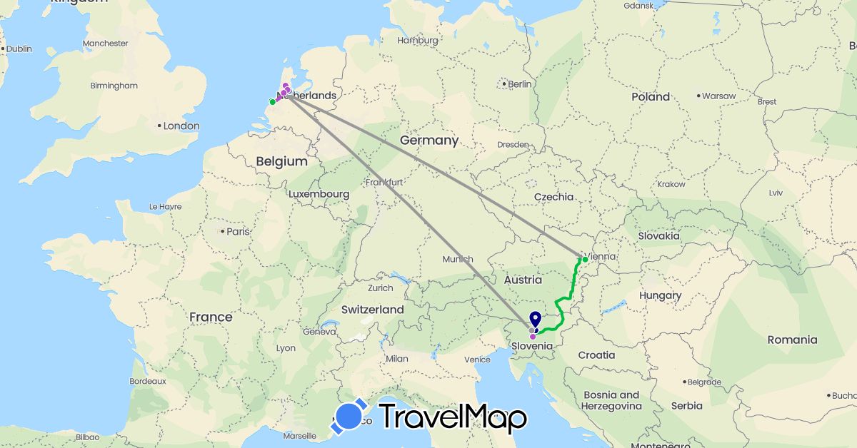 TravelMap itinerary: driving, bus, plane, cycling, train in Austria, Netherlands, Slovenia (Europe)