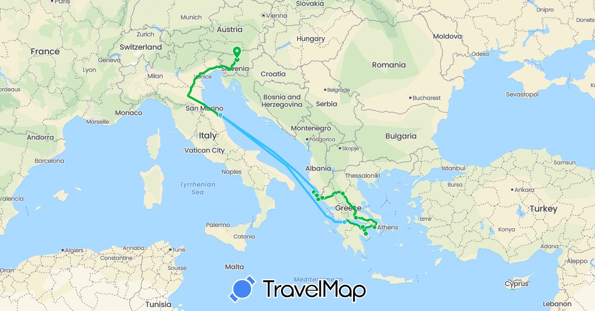 TravelMap itinerary: driving, bus, boat in Greece, Italy, Slovenia (Europe)