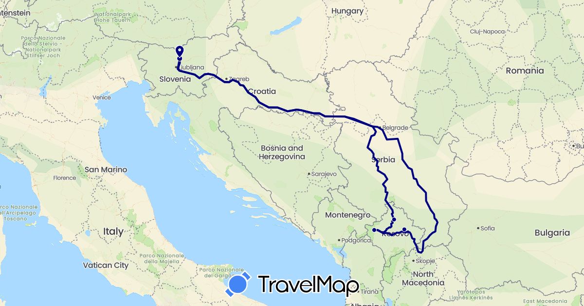 TravelMap itinerary: driving in Slovenia, Kosovo (Europe)