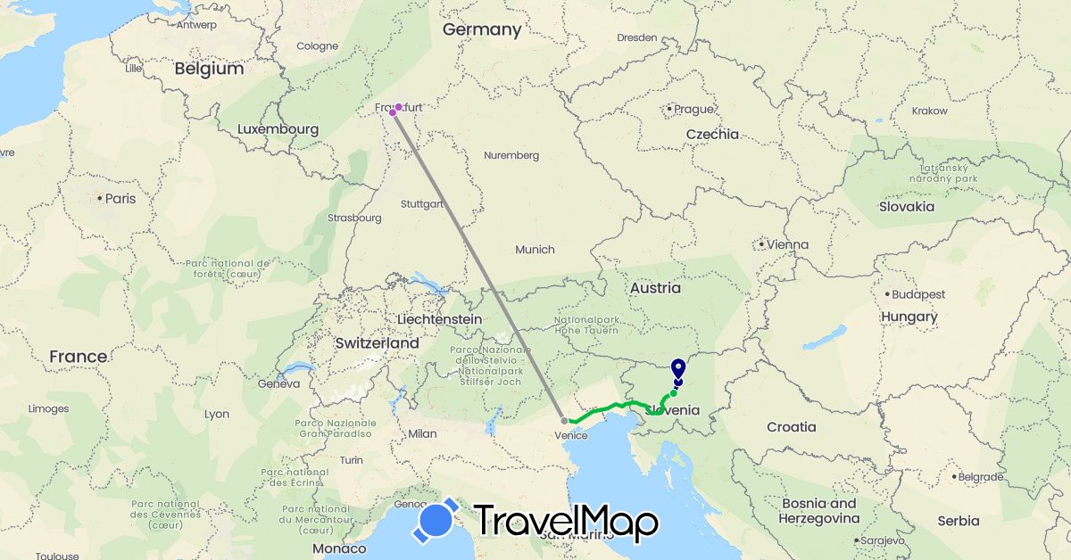 TravelMap itinerary: driving, bus, plane, train in Germany, Italy, Slovenia (Europe)