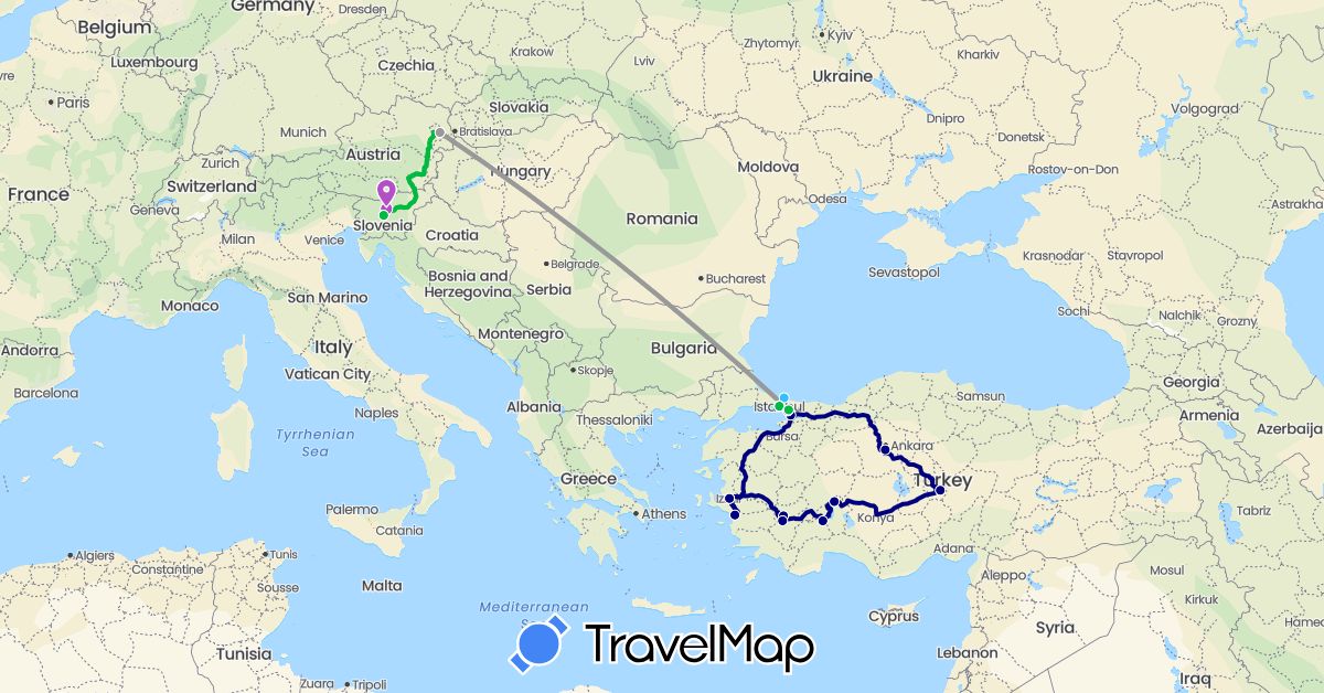 TravelMap itinerary: driving, bus, plane, train, boat in Austria, Slovenia, Turkey (Asia, Europe)