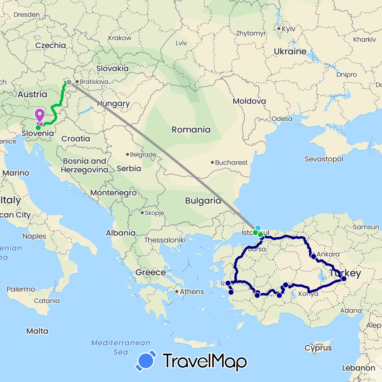 TravelMap itinerary: driving, bus, plane, train, boat in Austria, Slovenia, Turkey (Asia, Europe)