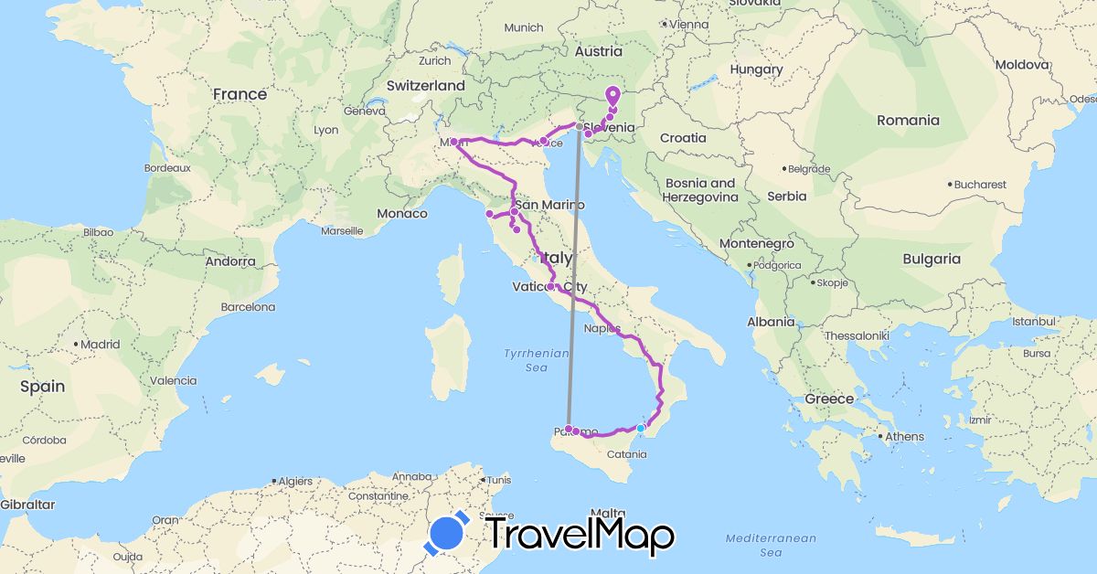 TravelMap itinerary: driving, plane, train, boat in Italy, Slovenia (Europe)
