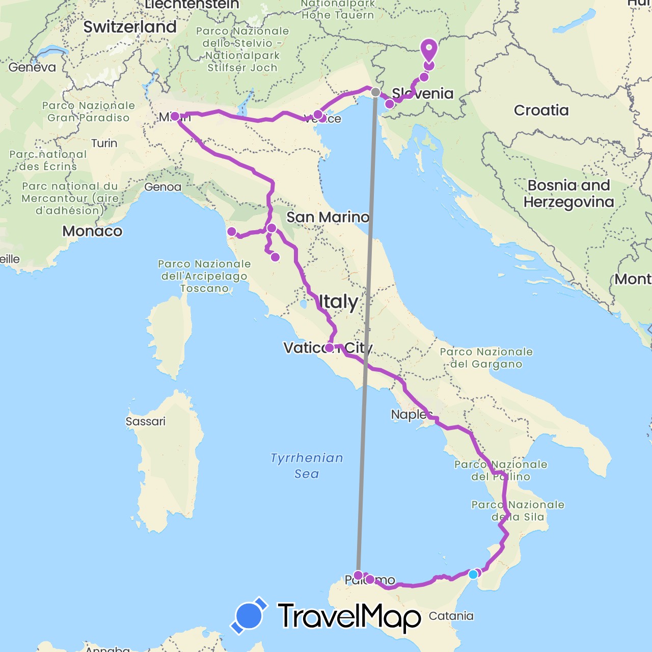 TravelMap itinerary: driving, plane, train, boat in Italy, Slovenia (Europe)