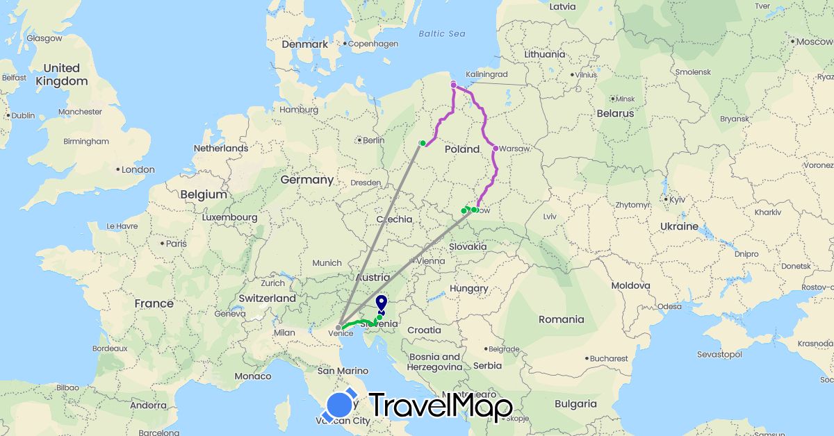 TravelMap itinerary: driving, bus, plane, train in Italy, Poland, Slovenia (Europe)