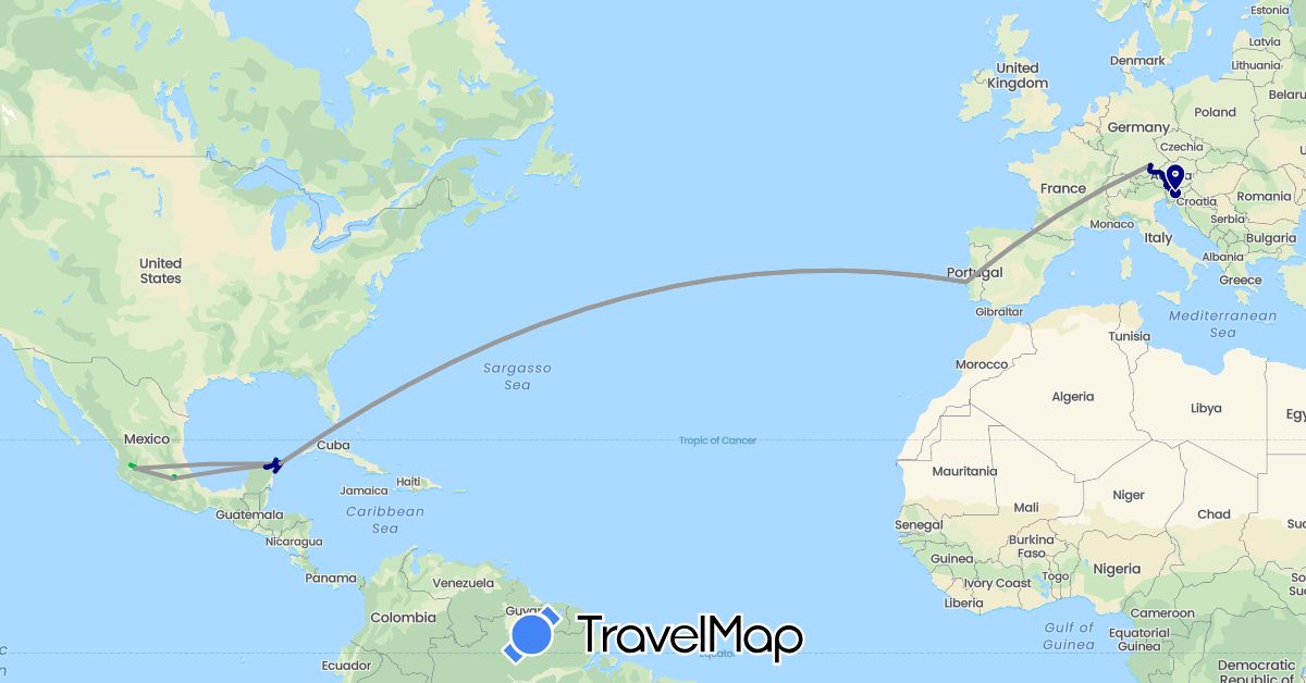 TravelMap itinerary: driving, bus, plane, train, boat in Germany, Mexico, Portugal, Slovenia (Europe, North America)
