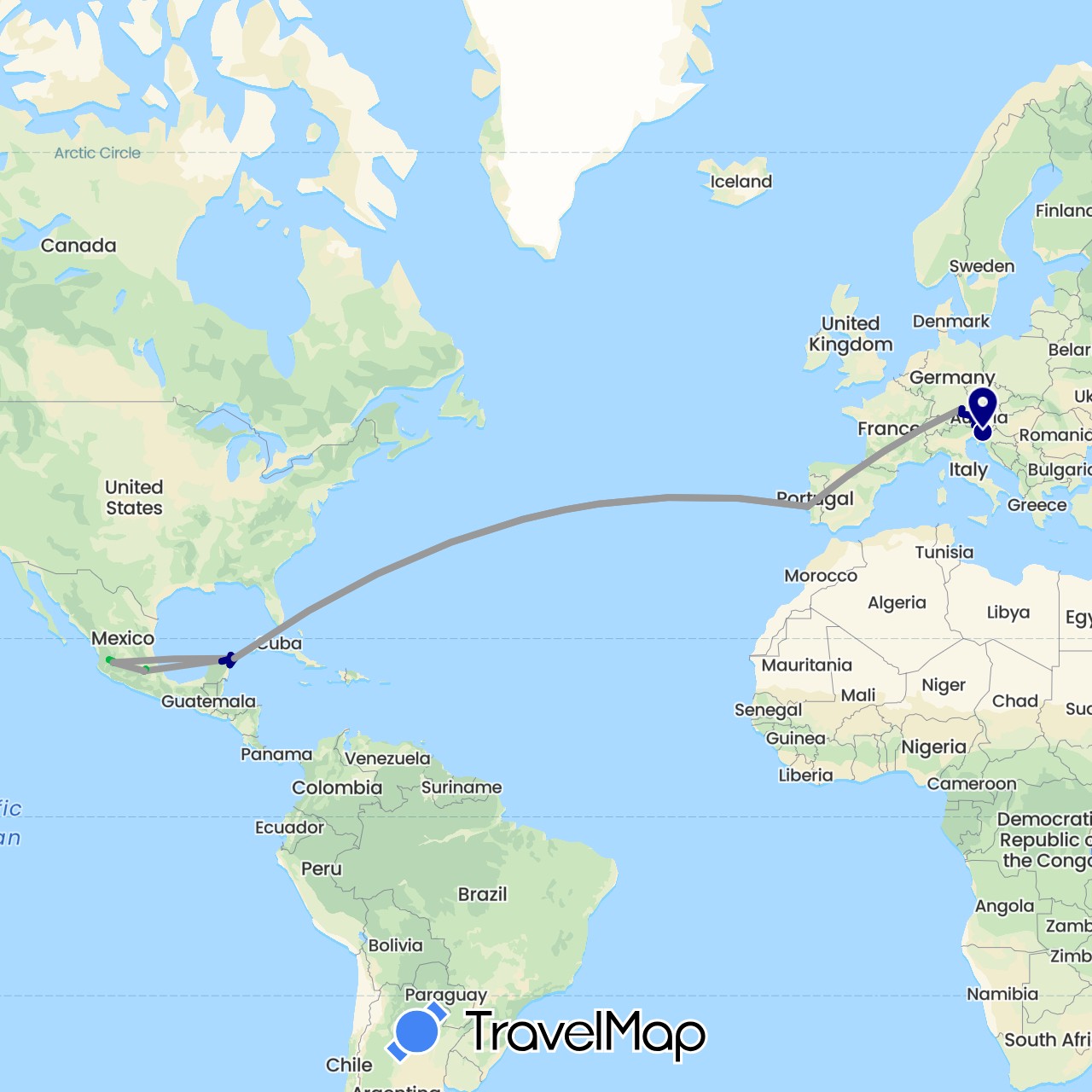 TravelMap itinerary: driving, bus, plane, train, boat in Germany, Mexico, Portugal, Slovenia (Europe, North America)