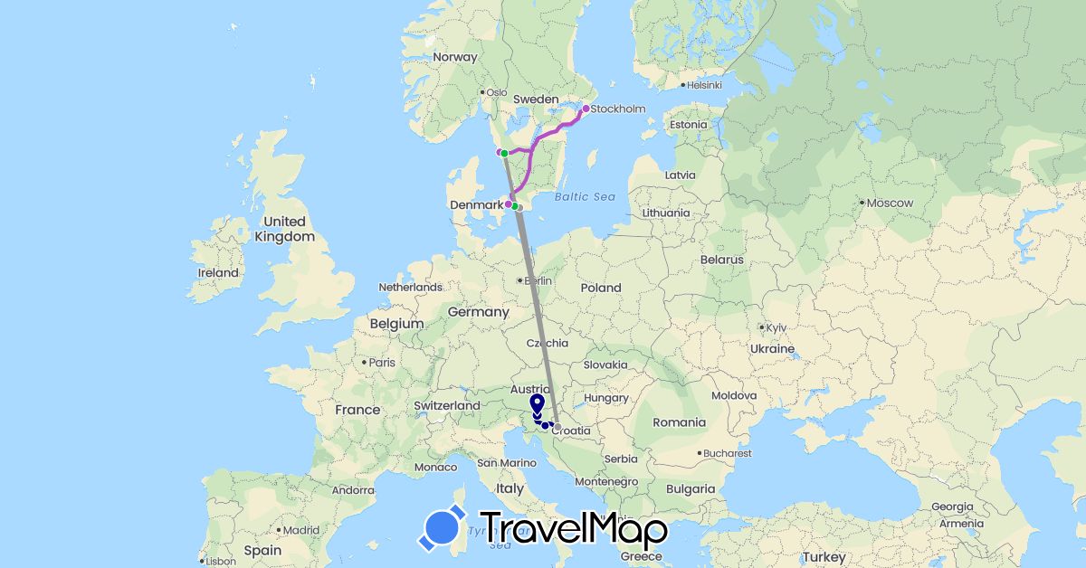 TravelMap itinerary: driving, bus, plane, train in Denmark, Croatia, Sweden, Slovenia (Europe)