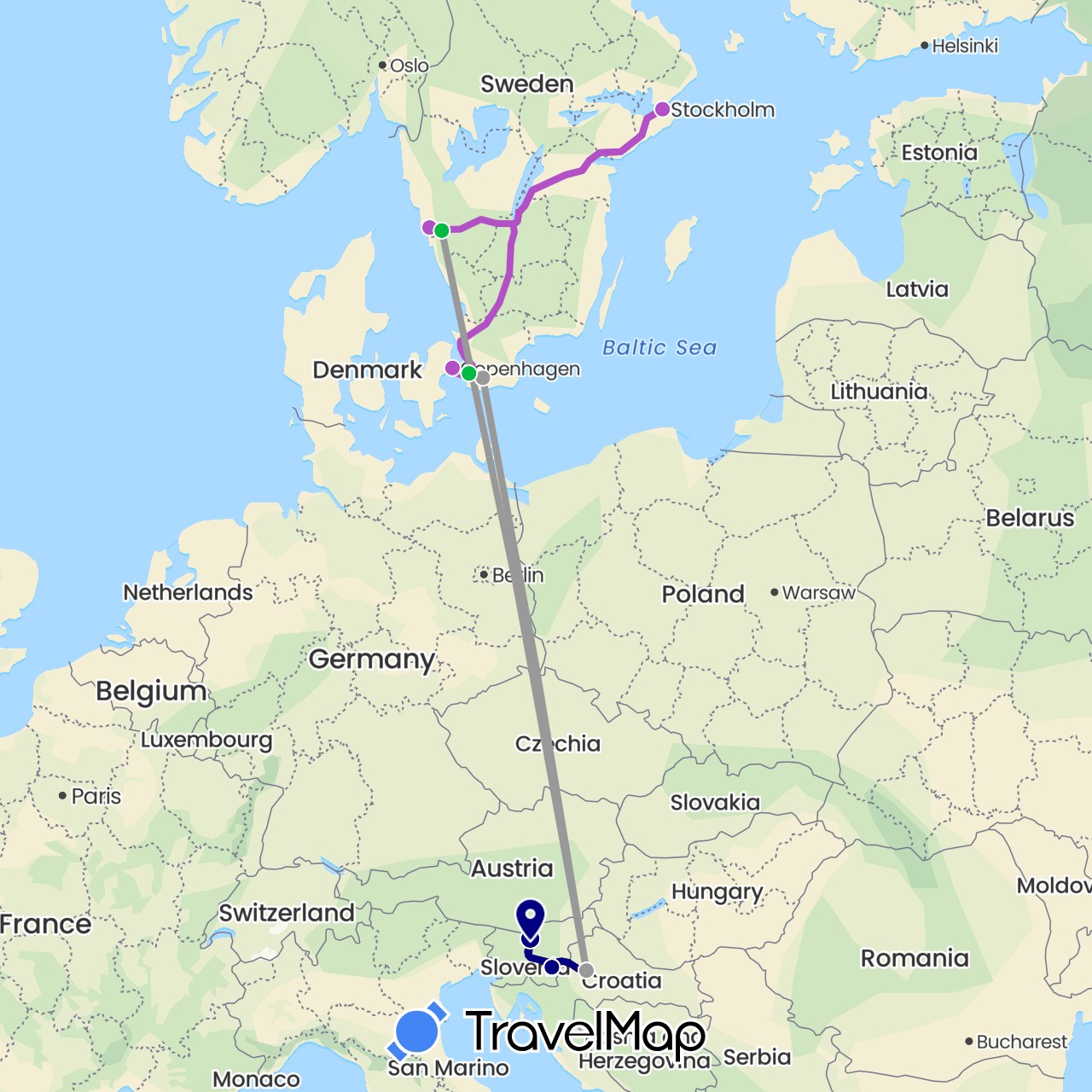 TravelMap itinerary: driving, bus, plane, train in Denmark, Croatia, Sweden, Slovenia (Europe)