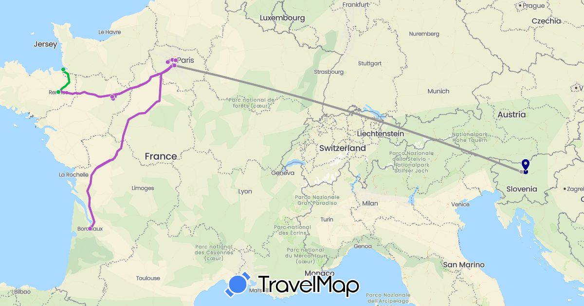TravelMap itinerary: driving, bus, plane, train in France, Slovenia (Europe)