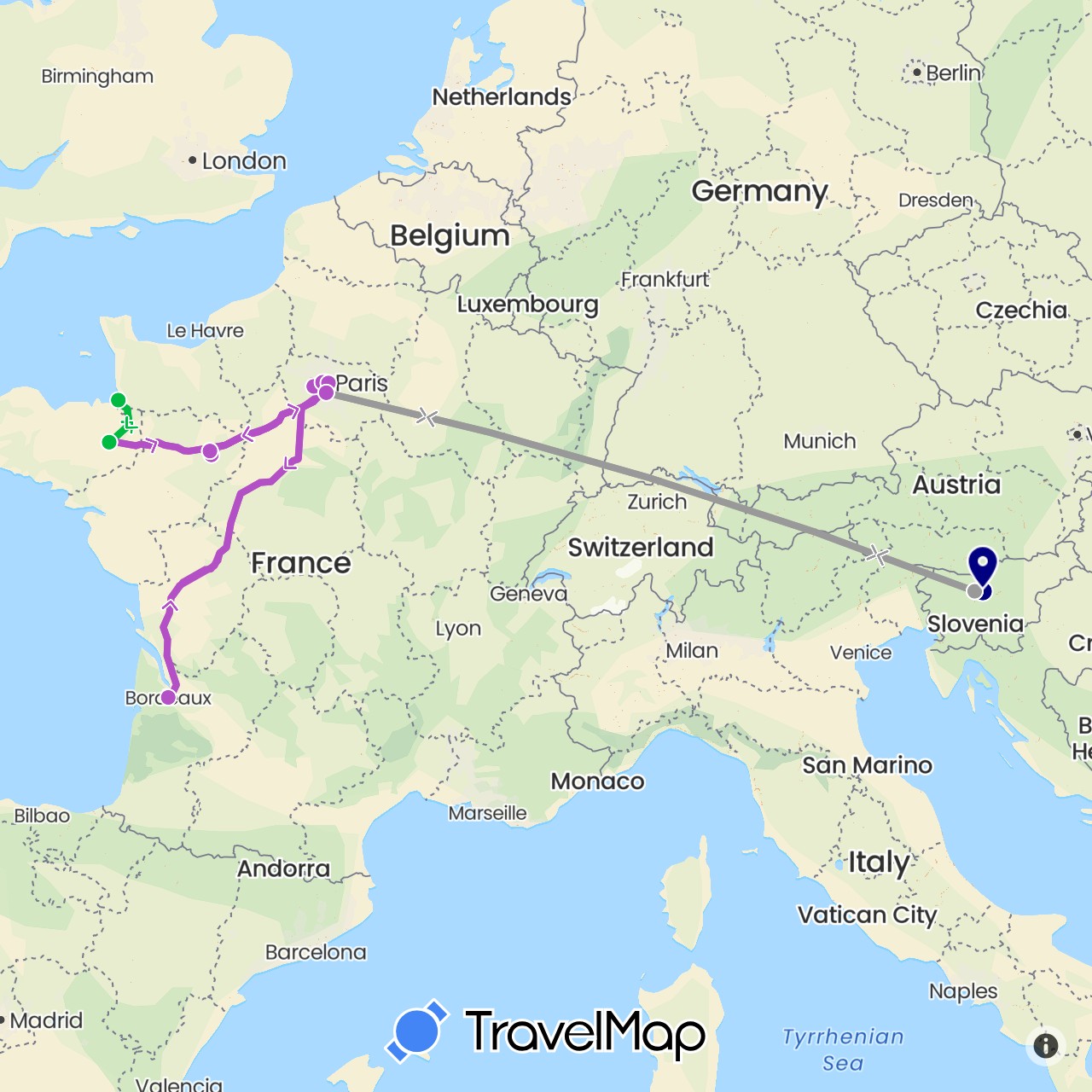 TravelMap itinerary: driving, bus, plane, train in France, Slovenia (Europe)