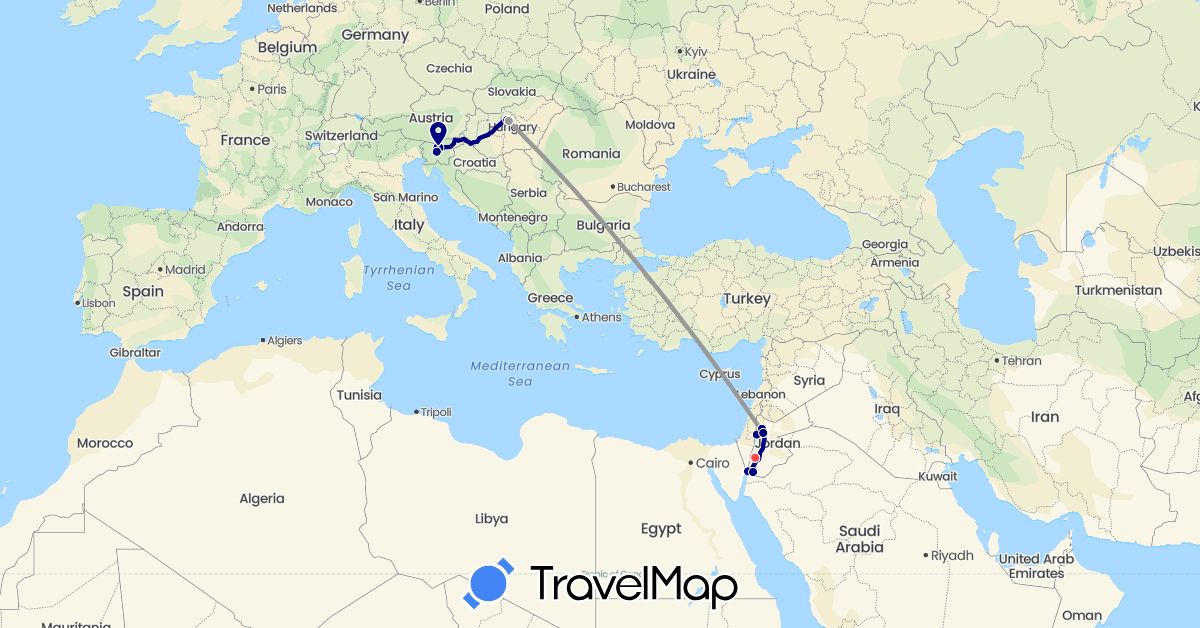 TravelMap itinerary: driving, plane, hiking in Hungary, Jordan, Slovenia (Asia, Europe)