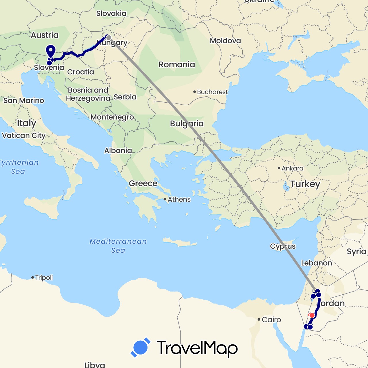 TravelMap itinerary: driving, plane, hiking in Hungary, Jordan, Slovenia (Asia, Europe)