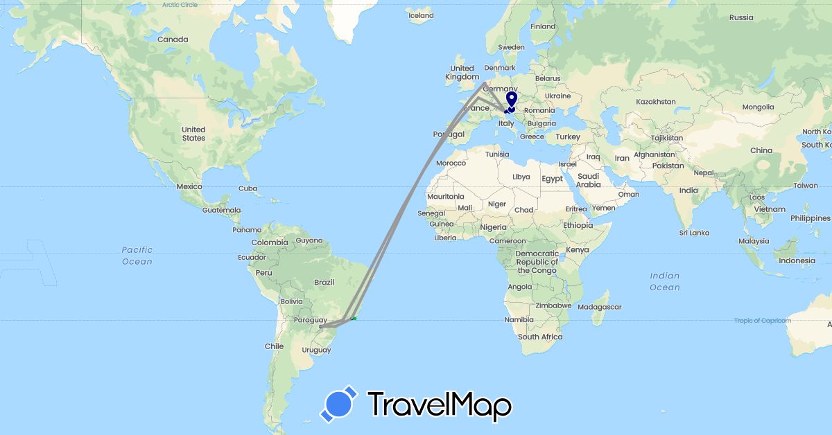 TravelMap itinerary: driving, bus, plane, train in Argentina, Brazil, France, Italy, Netherlands, Paraguay, Slovenia (Europe, South America)