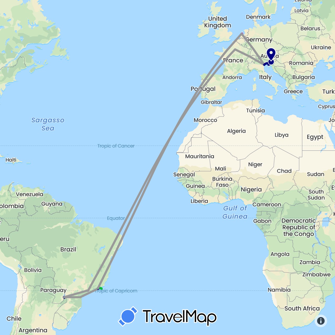 TravelMap itinerary: driving, bus, plane, train in Argentina, Brazil, France, Italy, Netherlands, Paraguay, Slovenia (Europe, South America)