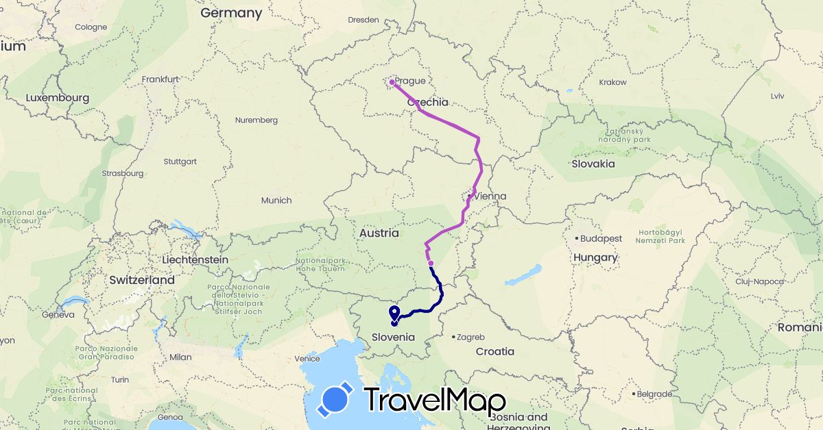 TravelMap itinerary: driving, plane, train in Austria, Czech Republic, Slovenia (Europe)