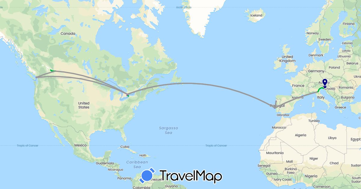 TravelMap itinerary: driving, bus, plane, train in Canada, Italy, Portugal, Slovenia (Europe, North America)
