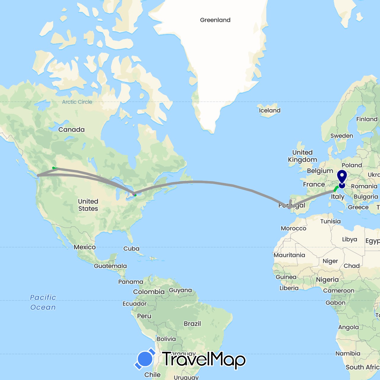 TravelMap itinerary: driving, bus, plane, train in Canada, Italy, Portugal, Slovenia (Europe, North America)