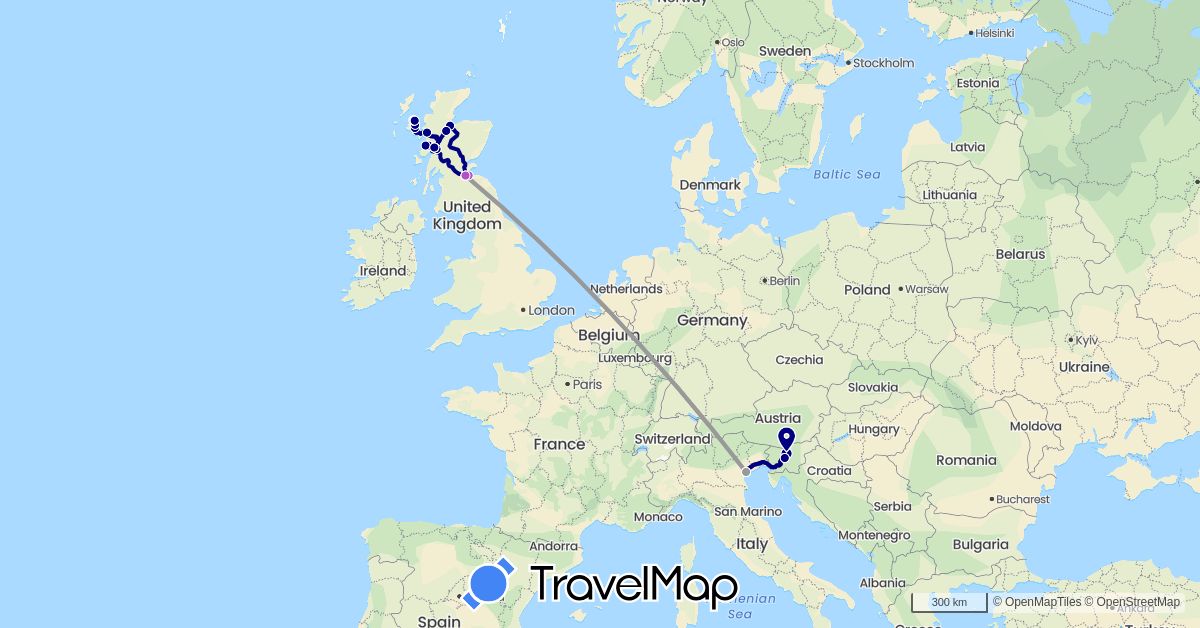 TravelMap itinerary: driving, plane, train, hiking in United Kingdom, Italy, Slovenia (Europe)