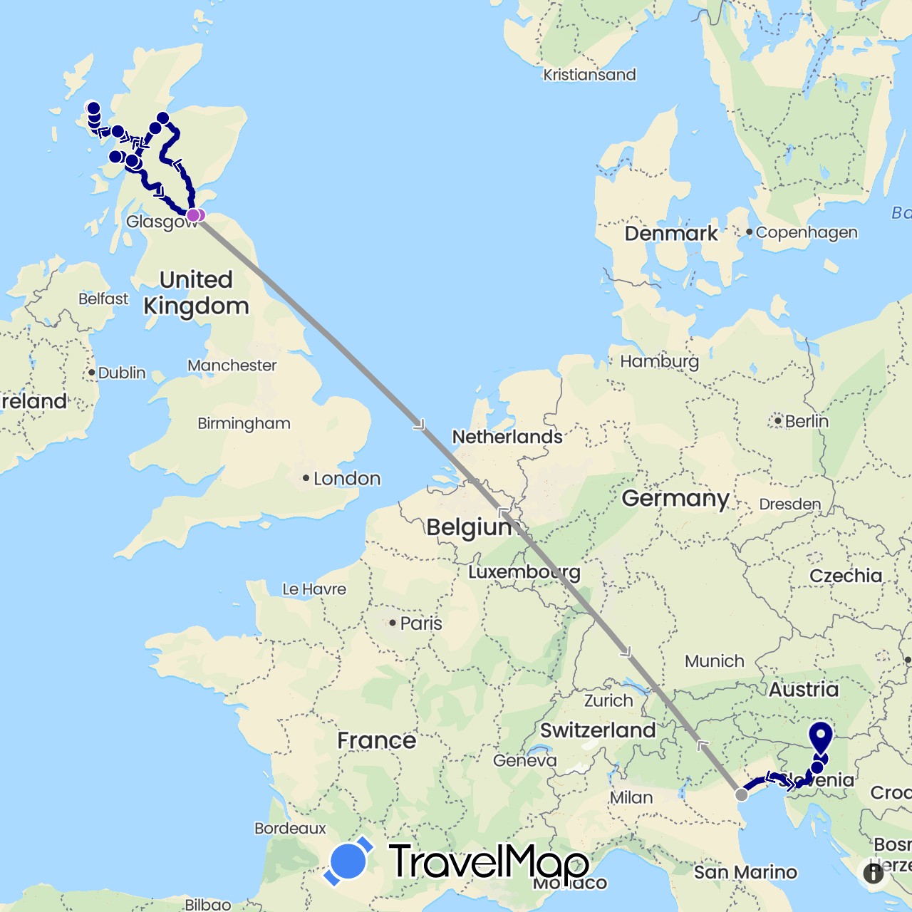 TravelMap itinerary: driving, plane, train, hiking in United Kingdom, Italy, Slovenia (Europe)