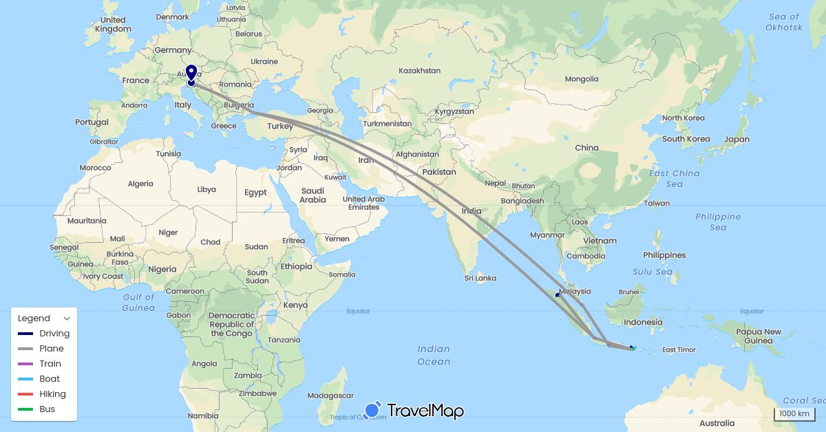 TravelMap itinerary: driving, bus, plane, train, hiking, boat in Croatia, Indonesia, Singapore, Slovenia, Turkey (Asia, Europe)