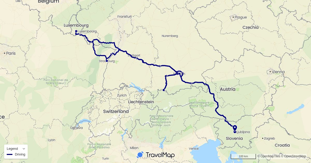 TravelMap itinerary: driving in Germany, France, Luxembourg, Slovenia (Europe)