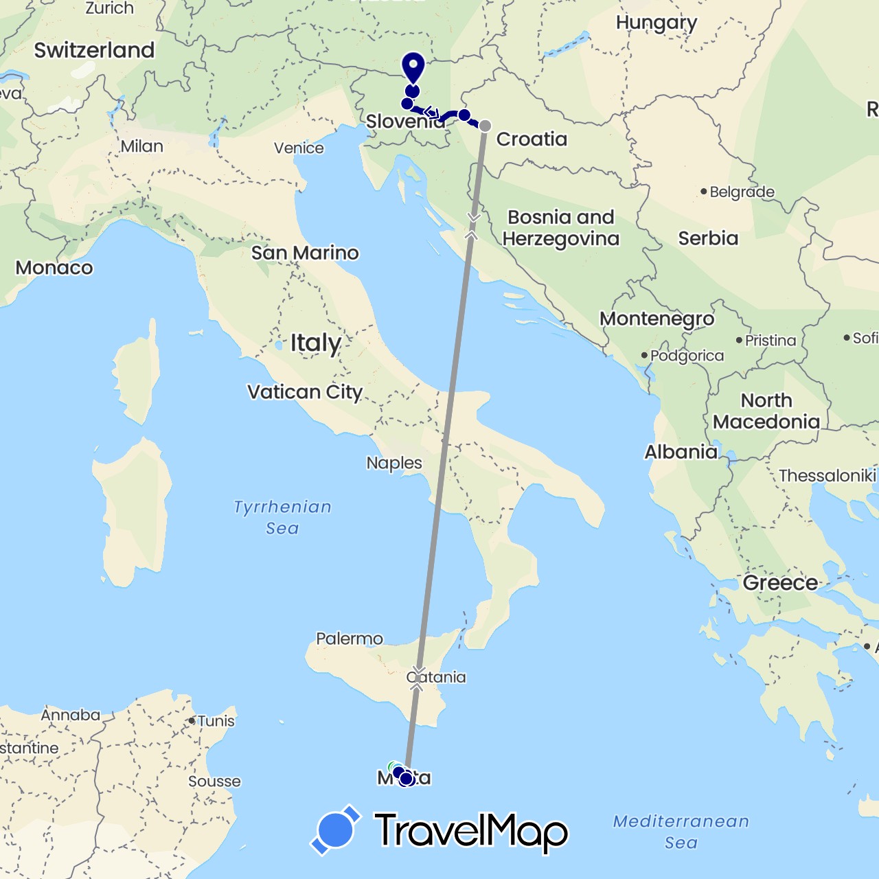 TravelMap itinerary: driving, bus, plane, boat in Croatia, Malta, Slovenia (Europe)