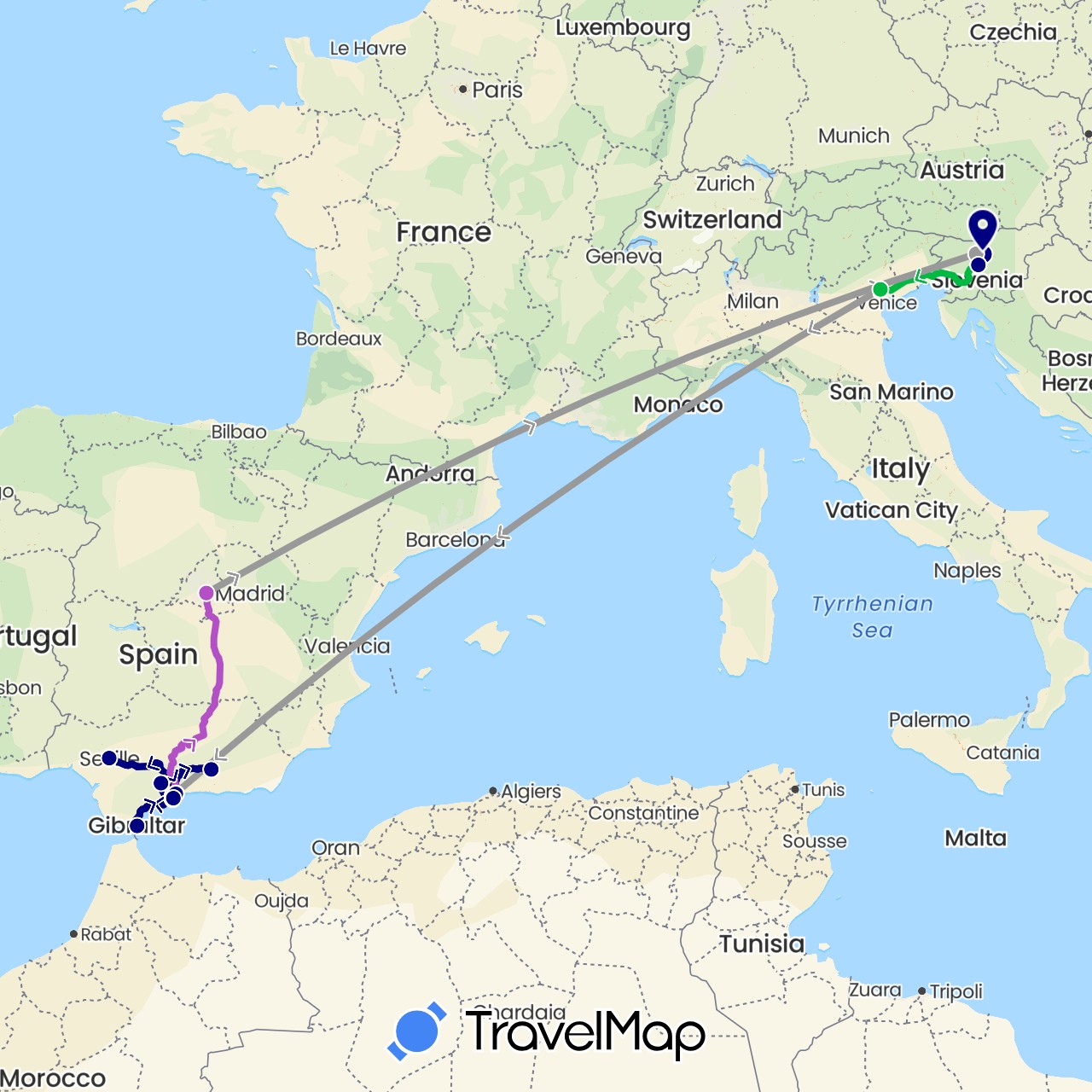 TravelMap itinerary: driving, bus, plane, train in Spain, Gibraltar, Italy, Slovenia (Europe)