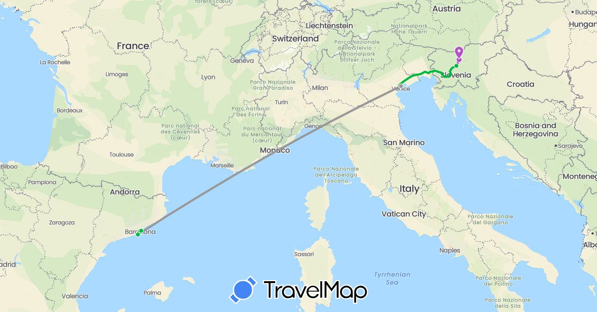 TravelMap itinerary: driving, bus, plane, train in Spain, Italy, Slovenia (Europe)